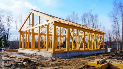 Wallpaper Mural Wooden house frame on concrete foundation under construction Torontodigital.ca