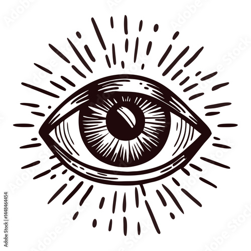 Hand drawn eye with radiating lines in black and white design.
