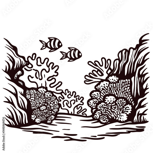Two fish swimming in a vibrant coral reef ecosystem underwater landscape.