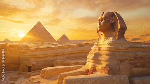 Majestic Sphinx and pyramids at sunset in Egypt