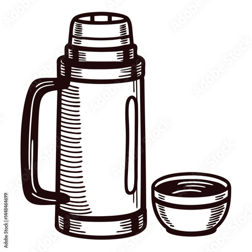 Vintage thermos and cup sketch in black and white line art.