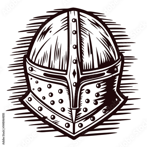 Medieval knight helmet with intricate detailing and bold lines.