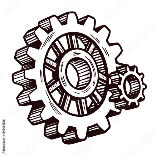 Vintage engraving of interlocking gears with industrial design and mechanical details.
