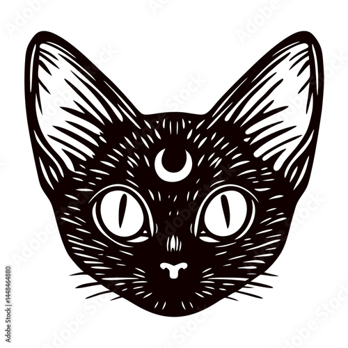 Illustrated black cat with moon symbol in minimalist.