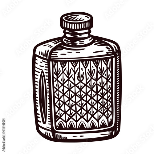 Vintage engraved flask with intricate textured design.