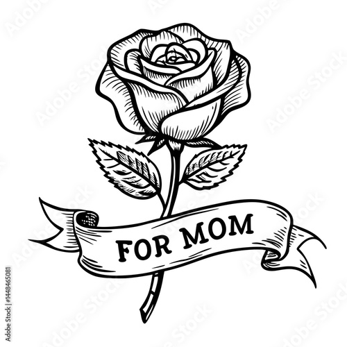 Detailed black and white rose with for mom banner.