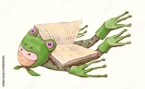 A boy frog flying with a book wing. kid education illustration. watercolor vector. child art. animal.
