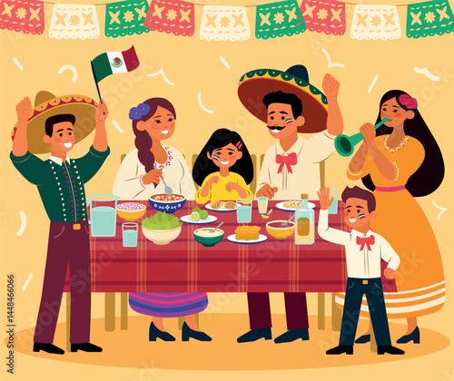 Fiesta México, vector familia mexicana a la mesa, celebrando fiesta patria, tequila, tacos, tostadas, pozole