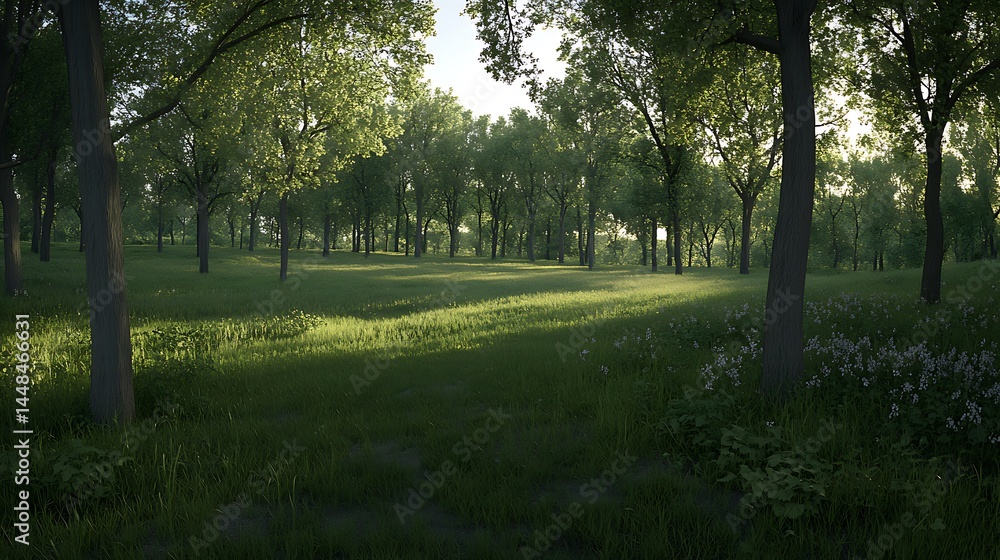 Obraz premium Lush woodland meadow bathed in early morning light.