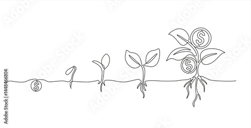 One Continuous line drawing of Money plant growth process. Concept for return money saving and investment. One line draw graphic design vector illustration

