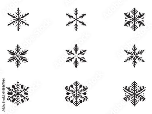 This image features nine distinct, black silhouette snowflakes against a plain white background.