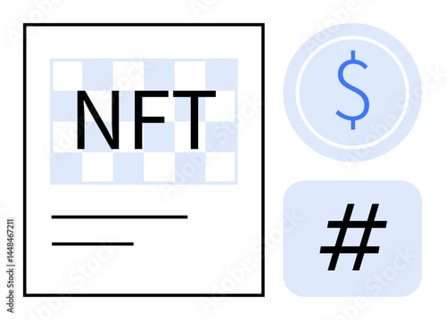 NFT on a checkered card with text lines, blue dollar sign in a circle, metadata tag in a box. Ideal for blockchain, cryptocurrency, tokenization, digital art, finance, technology simple landing page
