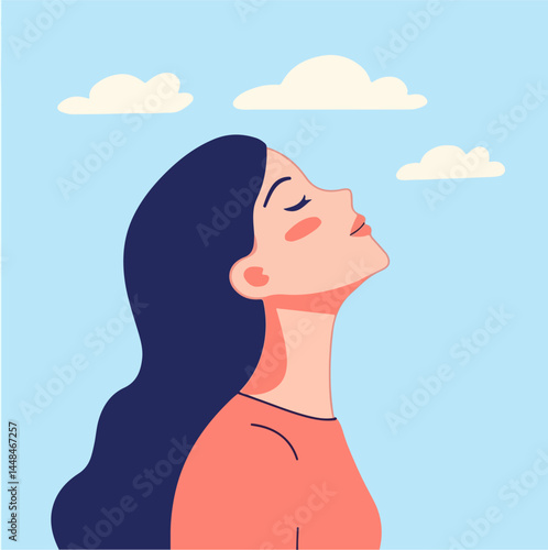 Woman doing breathing exercises with closed eyes, relaxing on nature. Calm girl enjoying fresh air, meditation with breathing, healthy yoga. Deep breath through nose. Vector flat illustration