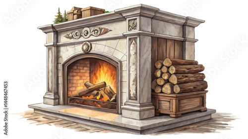 *Cozy Fireplace on Clean White Background with Copy Space*  