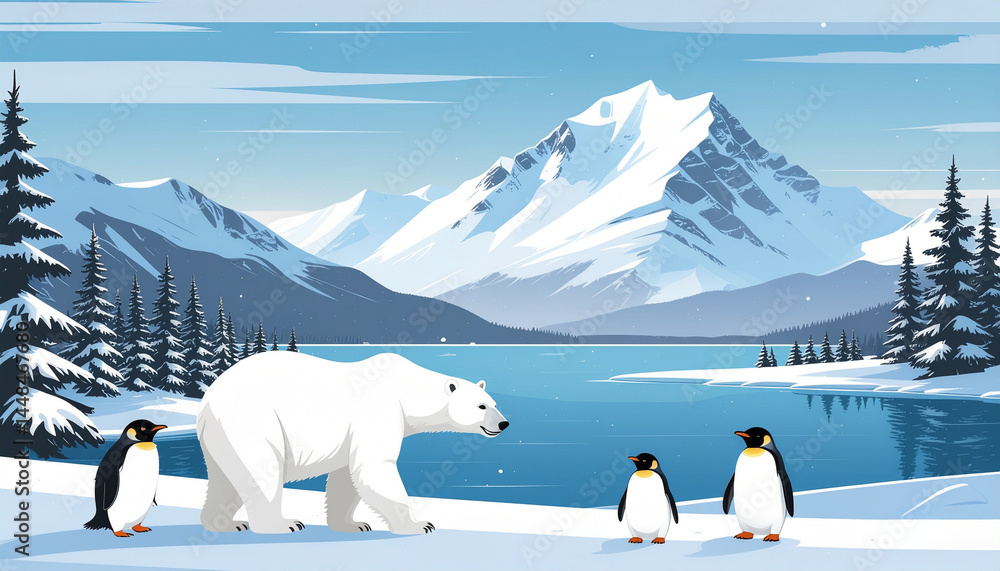 polar bear and penguins with a snowy mountain backdrop