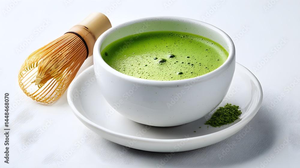 Fresh Matcha in White Ceramic Chawan Bowl with Whisk on Minimalist Background Fresh Matcha in White Ceramic Chawan Bowl with Whisk on Minimalist Background