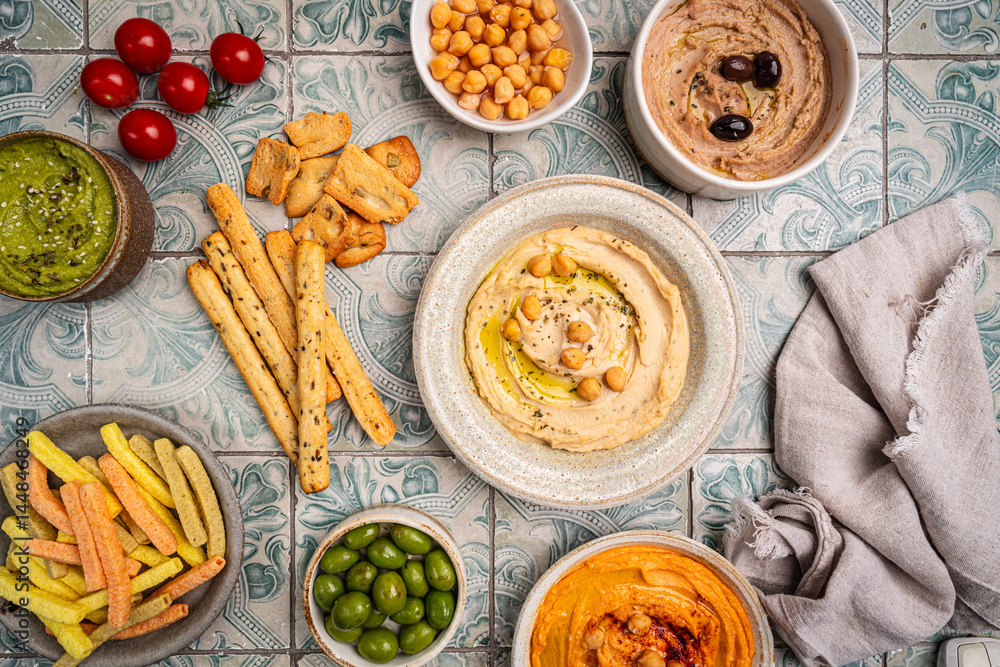Various hummus dips in different colours. Hummus with dry crackers, top view. Vegan and traditional hummus as healthy and vegan snack.