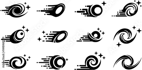 12 Black Swirling Star Galaxy Vortex Icons Speed Motion Logo Design El