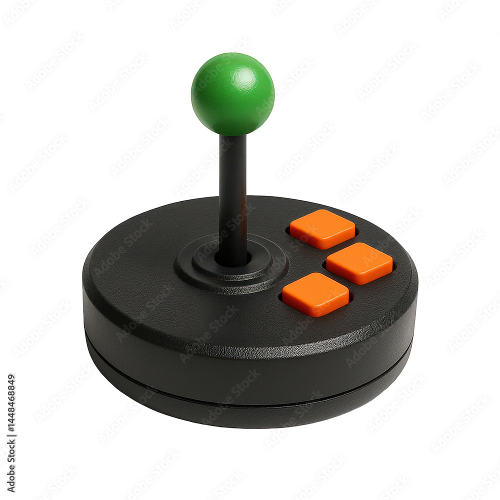 Retro gaming joystick featuring a bright green sphere, slender shaft, and prominent orange control buttons. Retro gaming joystick featuring a bright green sphere, slender shaft, and prominent orange control buttons.