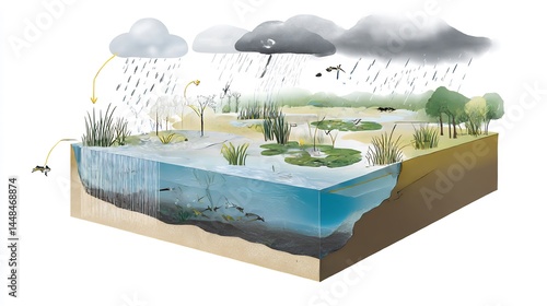Conceptual Diagram of a Wetland Ecosystem Illustrating Hydrological Processes
