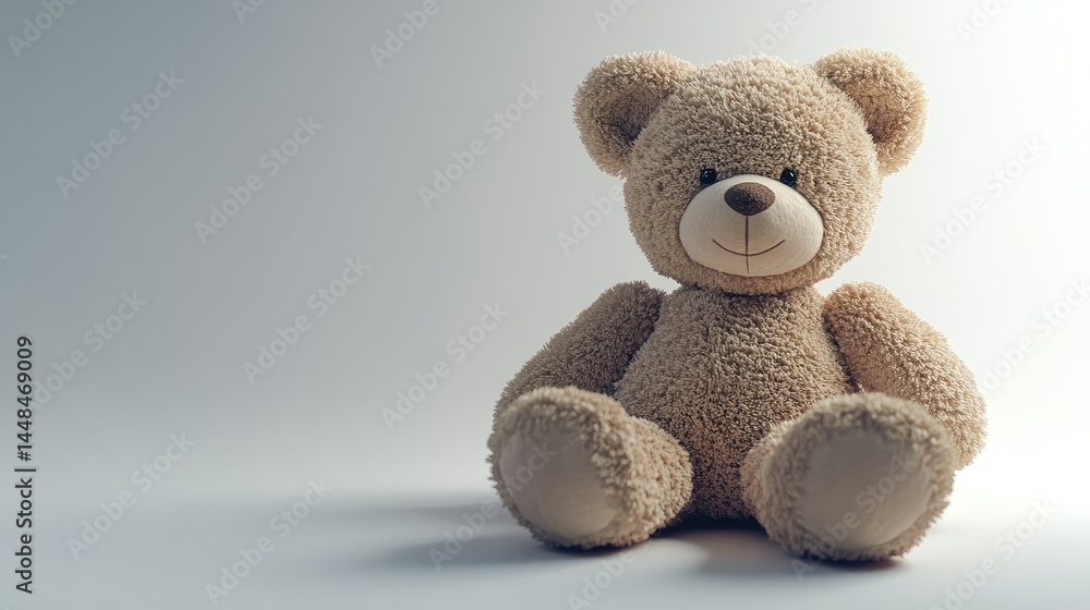 Obraz premium The photo shot of a smiling stuffed big brown teddy bear sitting on a ground isolated on white background.