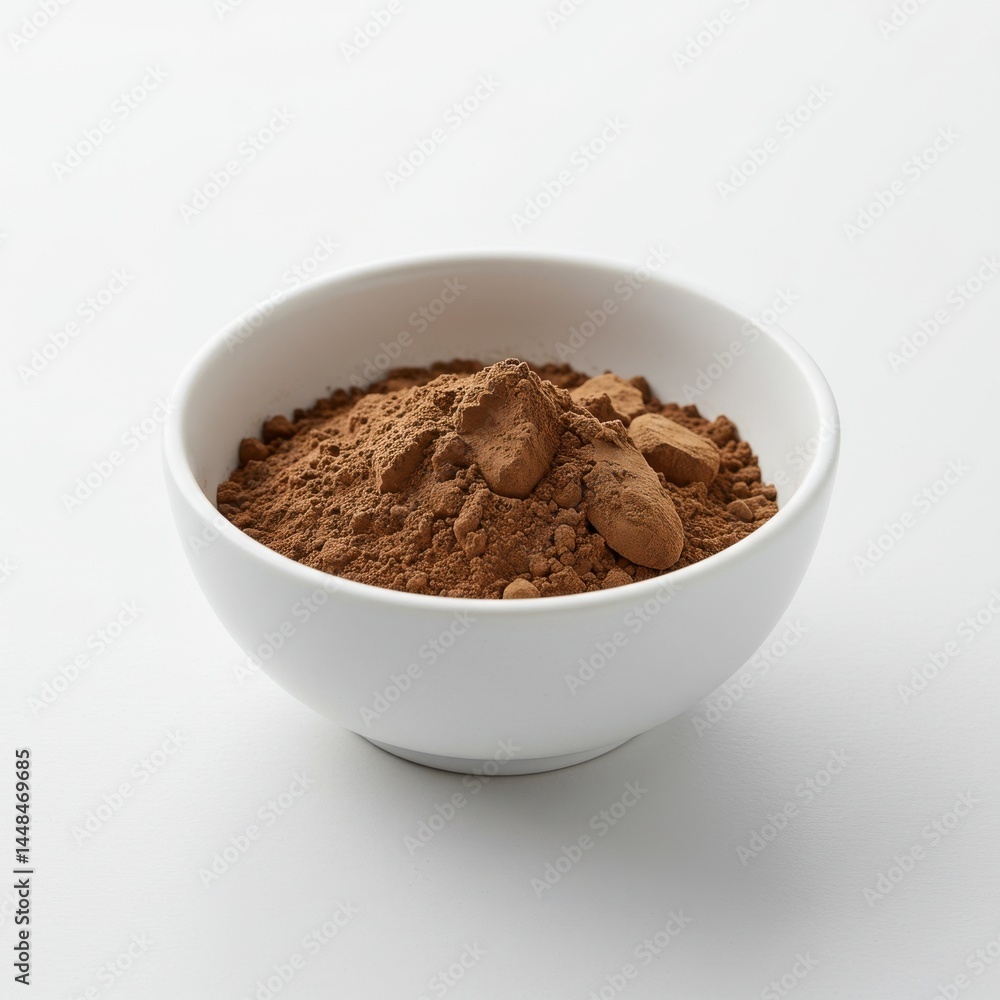 A white bowl filled with brown cocoa powder and small chunks on a white background studio shot A white bowl filled with brown cocoa powder and small chunks on a white background studio shot
