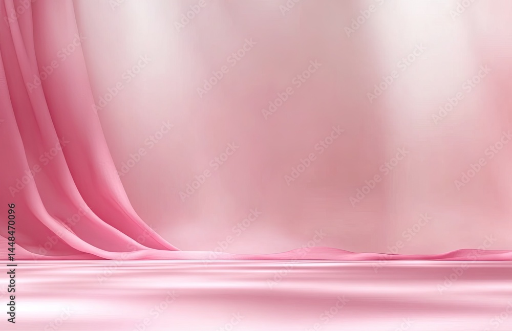 Delicate pink curtain cascades creating soft elegant backdrop perfect for showcasing products and items Delicate pink curtain cascades creating soft elegant backdrop perfect for showcasing products and items