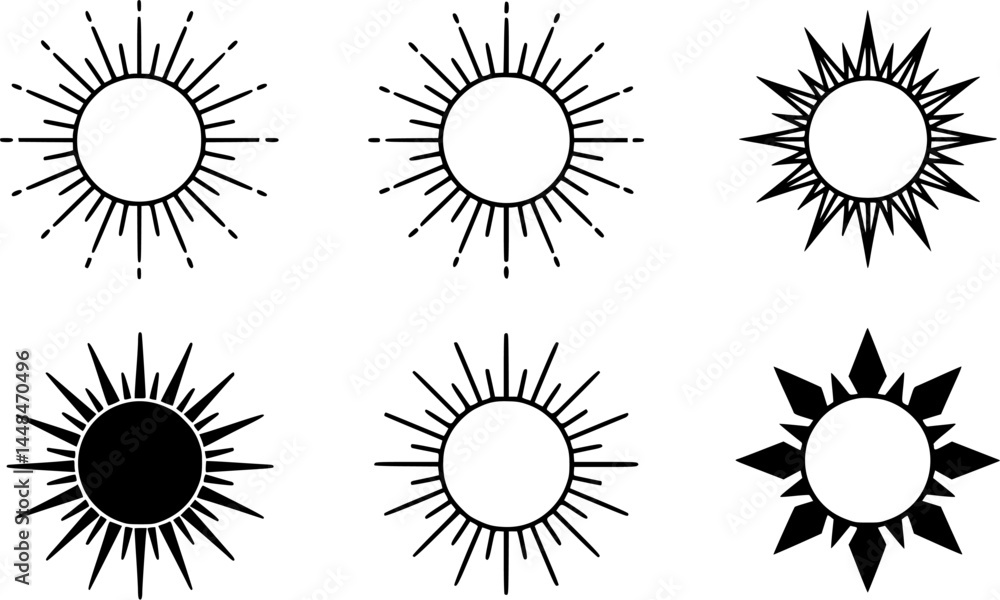 Six Sunburst Icons: Black Sun Starburst Rays Vector Graphics Six Sunburst Icons: Black Sun Starburst Rays Vector Graphics