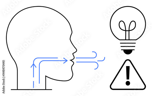 Profile of human head with airflow arrows, symbolizing breath or speech, alongside lightbulb for creativity and triangle for caution. Ideal for communication, innovation, mindfulness, health, safety