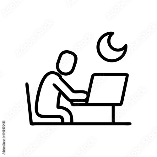 *Minimalist Black & White Linear Icon – Man Working Late at Office on White Background*  
