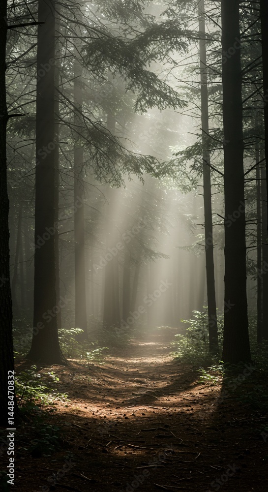 Naklejka premium Misty forest at sunrise, light rays piercing through tall pine trees