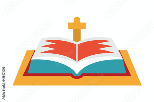 Opened story book on a yellow platform with a cross in the middle