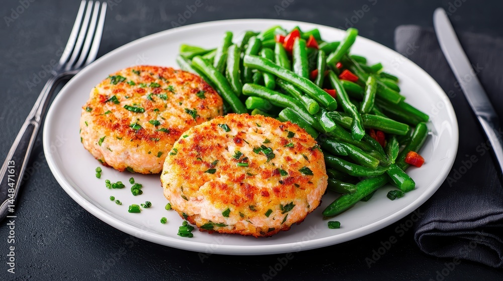 A delectable meal featuring two salmon patties alongside a generous serving of vibrant green beans, presented on an elegant dish with utensils, creating an inviting dining experience A delectable meal featuring two salmon patties alongside a generous serving of vibrant green beans, presented on an elegant dish with utensils, creating an inviting dining experience