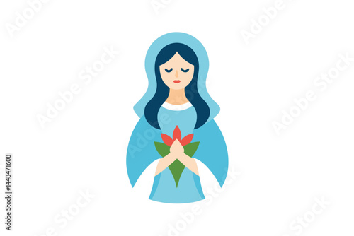 Stylized icon of Virgin Mary holding a flower, illustration with flat design