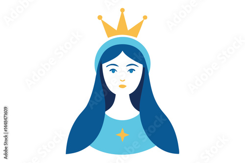 Simple Flat Icon of Blessed Virgin Mary with Golden Crown and Star