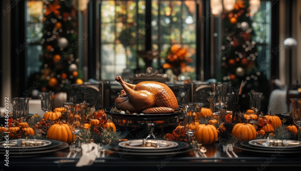 Fototapeta premium Thanksgiving Feast: A Sumptuous Table Setting with Roasted Turkey and Autumnal Decorations