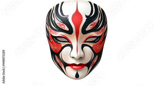 A colorful kabuki theater mask, bold red and black face paint design on white base, highly detailed, isolated on transparent background