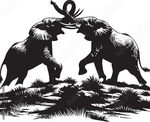 Two Elephants Engaged in a Powerful Struggle. A striking black and white illustration depicts two elephants in a dramatic confrontation.