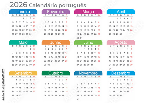 Calendar 2026 Year mockup. Portuguese version. Annual horizontal template with colored tabs on white background. Modern design. Editable format. EPS10.