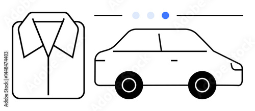 Folded shirt and compact car rendered in simple lines. Blue progress dots above, suggesting steps or levels. Ideal for laundry, transportation, progress, service, technology, minimalism simple