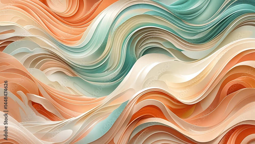 Fototapeta premium Ultra-High-Resolution Abstract Wave Pattern Background Featuring Intricate, Undulating Shapes in Warm Peach, Creamy White, and Soft Teal Tones with Subtle Texture, Gradient Shading, and Organic Curves