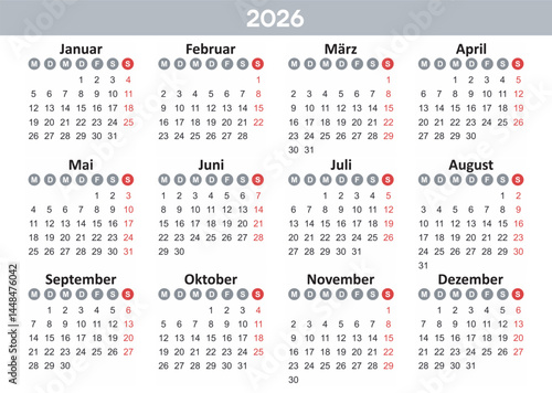 Calendar 2026 Year mockup. German version. Annual horizontal template with round days of the week. Modern design. Editable format. EPS10.