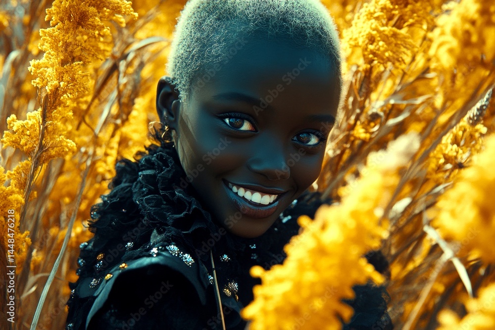 Commercial digital ads idea art. Attractive smiling black girl - for ads, brochure and online banner use. Short hairdo - blond hair. Fashion hair trends. Short hair style. Modern fashion ads.