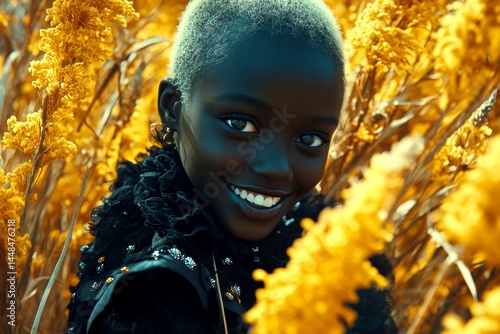 Obraz na płótnie Commercial digital ads idea art. Attractive smiling black girl - for ads, brochure and online banner use. Short hairdo - blond hair. Fashion hair trends. Short hair style. Modern fashion ads. w salonie