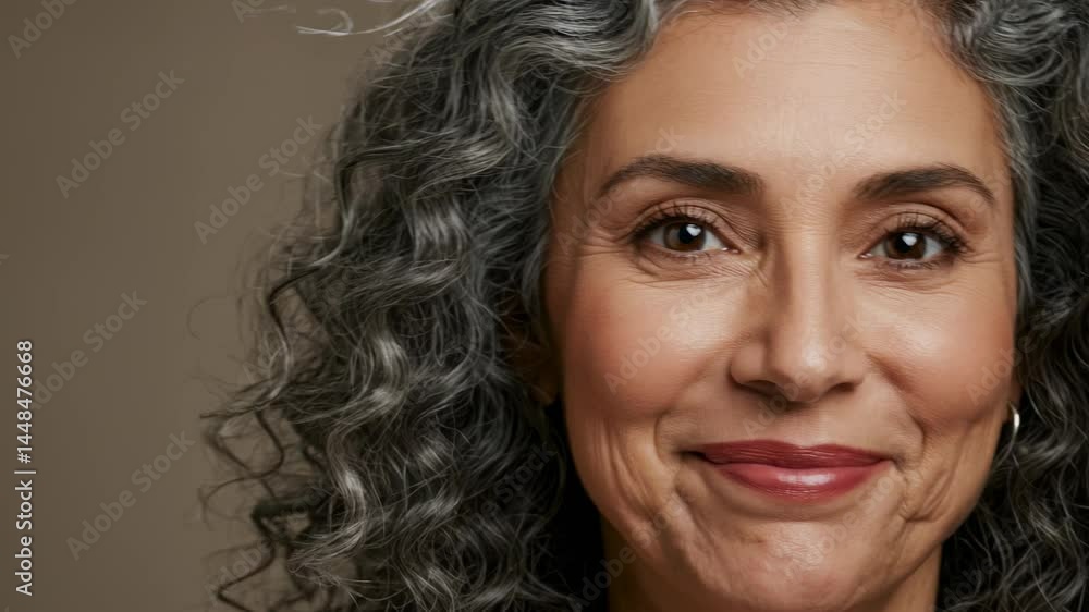 Smiling woman with curly hair against a neutral background Smiling woman with curly hair against a neutral background