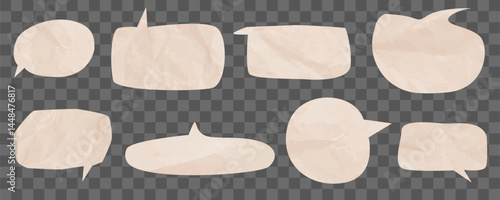 Set of speech bubbles made of crumpled soft pink paper. isolated template on transparent background. Textured dialogue bubbles. old crumpled paper