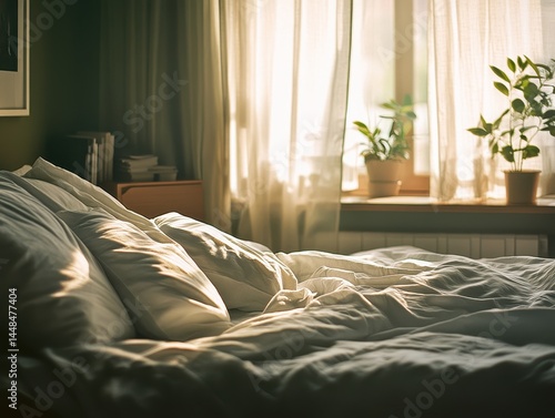Wallpaper Mural Sunlight streams into a bedroom with a cozy, unmade bed.  Soft, warm light illuminates white bedding and curtains. Plants are near the window Torontodigital.ca
