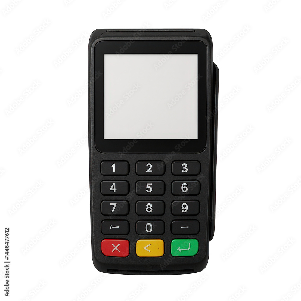 Portable black digital payment device with clear screen display and responsive tactile keypad for seamless transactions.