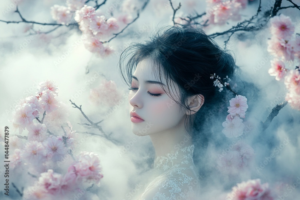 Lovely caucasian young woman surrounded by cherry blossoms. Spring mood, morning rays and fog. Commercial ad conceptual art. Commercial springtime portrait with woman and blossoms.