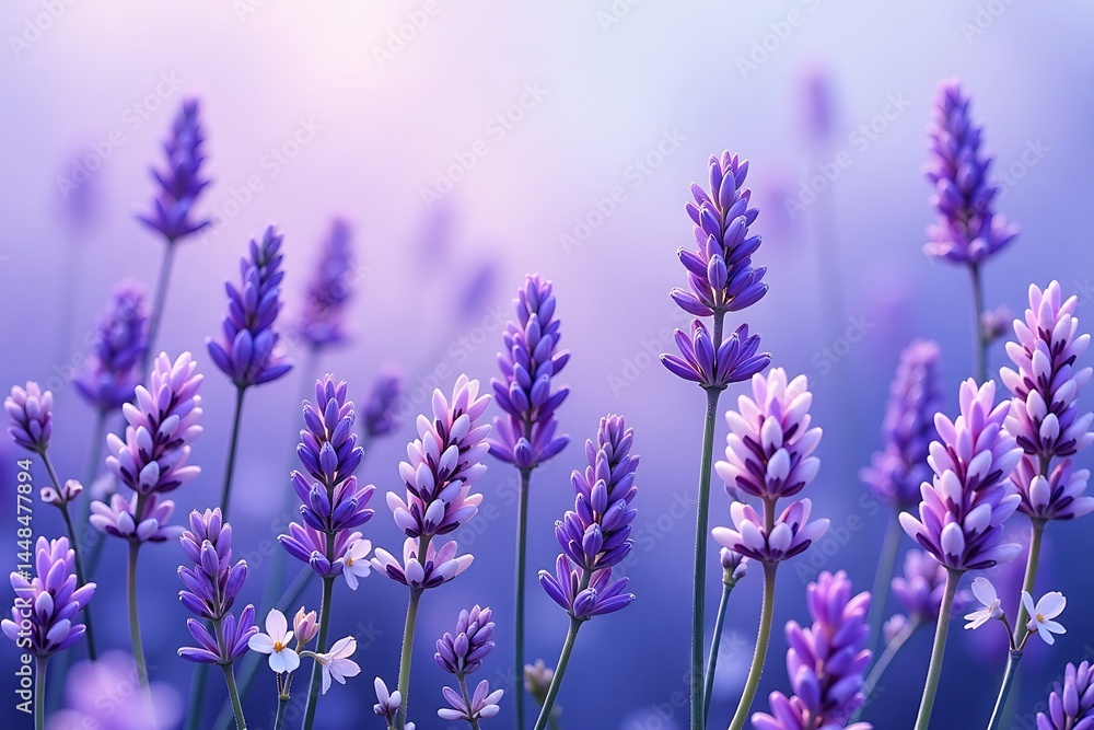 Naklejka premium Lavender Field in Soft Focus: Purple Flowers in Bloom with Blurry Background on Sunny Day
